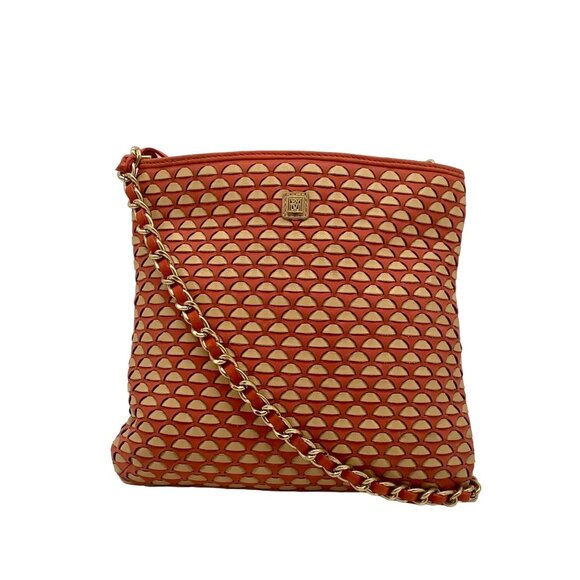 Pour La Victoire Coral & Tan Woven Leather Crossbody Bag - Picture 1 of 12
